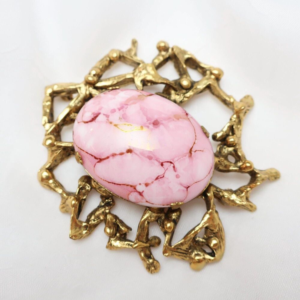 Large Vintage Bronze Pink Stone Brooch Pin Statement Mid Century Modern Signed